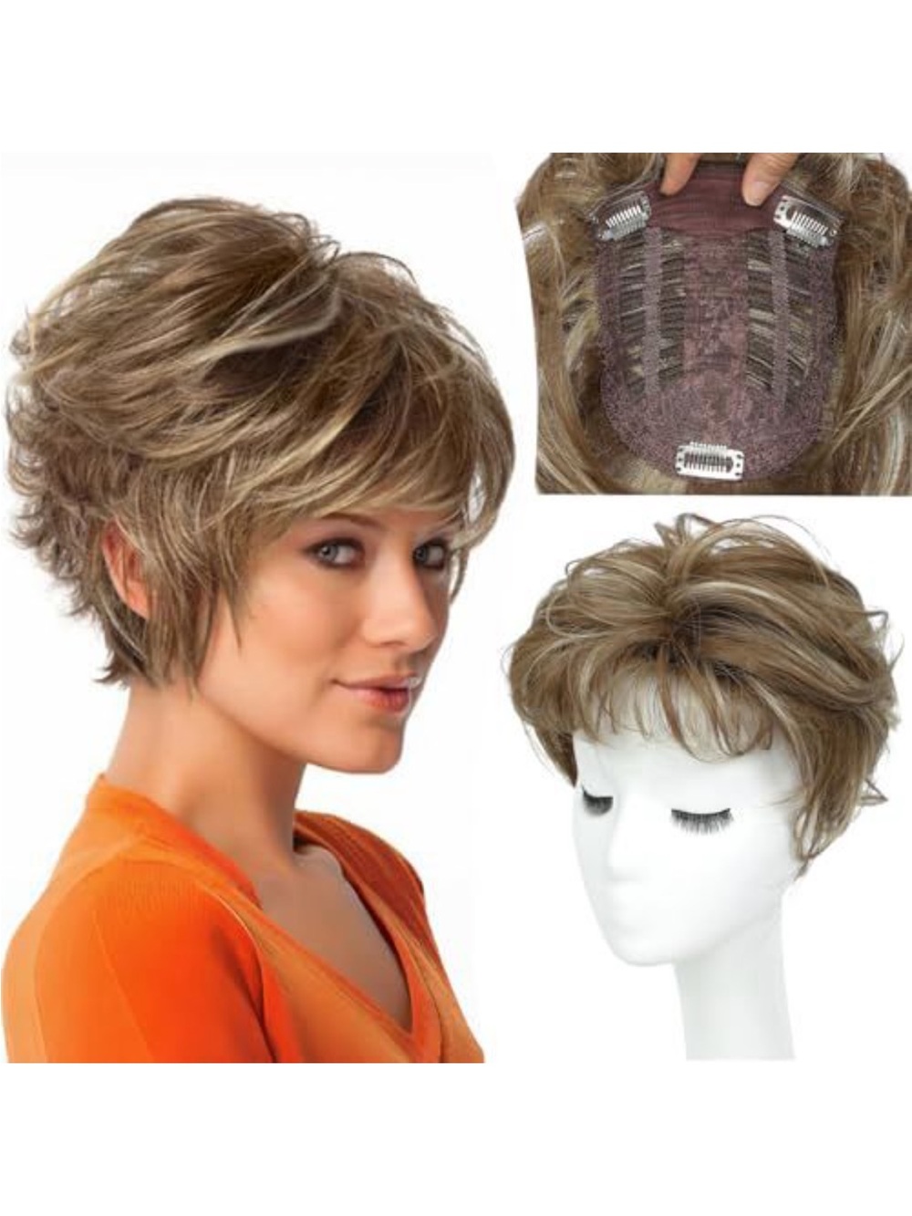 Short Layered Clip-In hair topper in Light Brown with Blonde Highlights